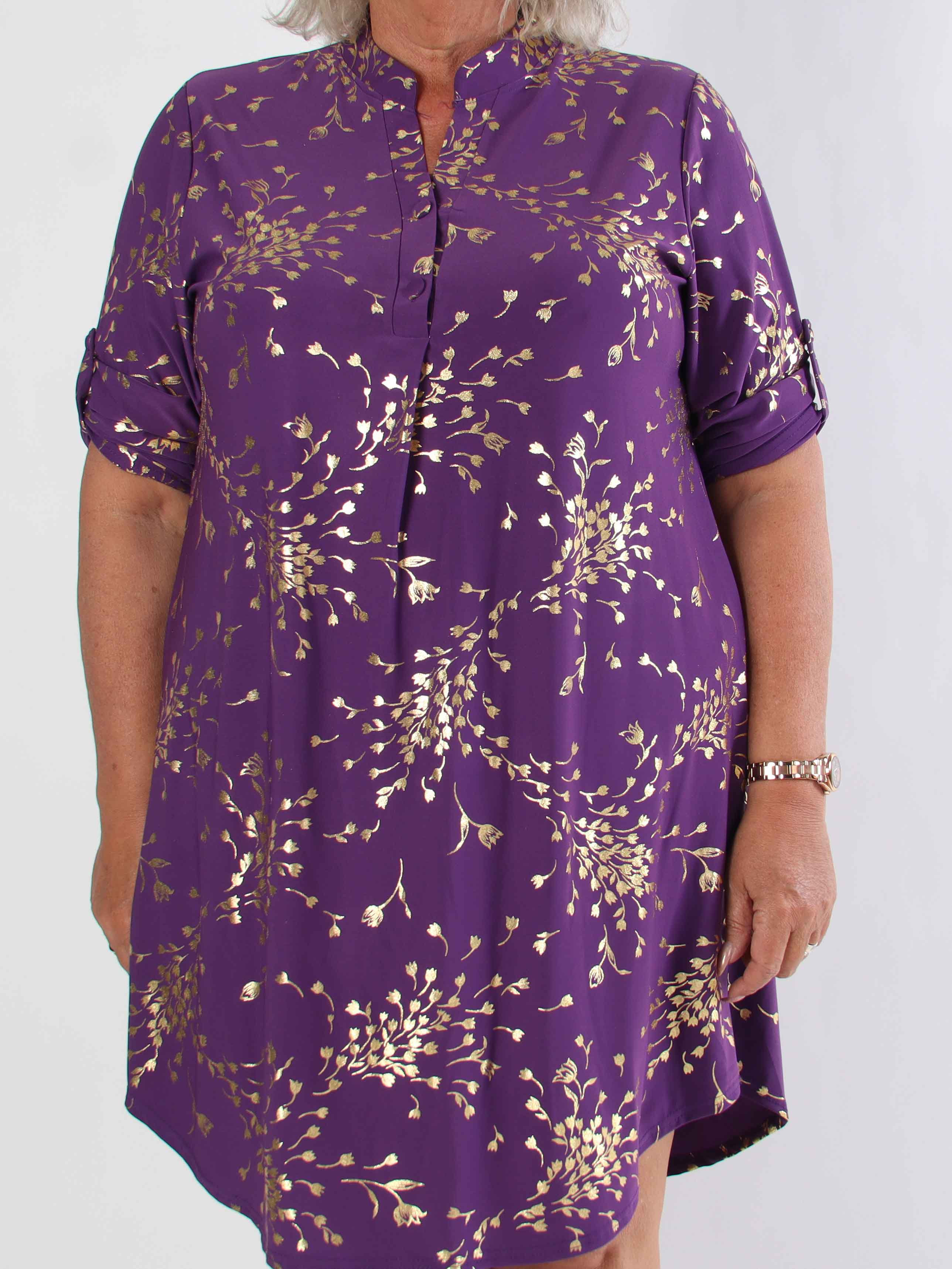 Ebba Gold Leaf Long - Elastisk enfärgad plus size klänning med guld blommigt mönster